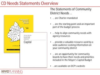 The Statements of Community District Needs … 
• 
… are Charter-mandated 
• 
… are the starting point and an important part of the budget process 
• 
… help to align community needs with agency resources 
• 
… provide a valuable resource used by a wide audience seeking information on your community district 
• 
… are an opportunity for community boards to have their needs and priorities included in the Mayor’s Capital Budget 
• 
…are available on DCP’s website 
CD Needs Statements Overview  