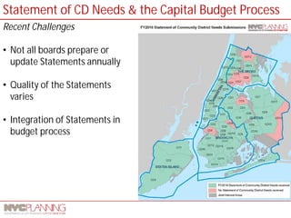 Statement of CD Needs & the Capital Budget Process 
Recent Challenges 
• 
Not all boards prepare or update Statements annually 
• 
Quality of the Statements varies 
• 
Integration of Statements in budget process  