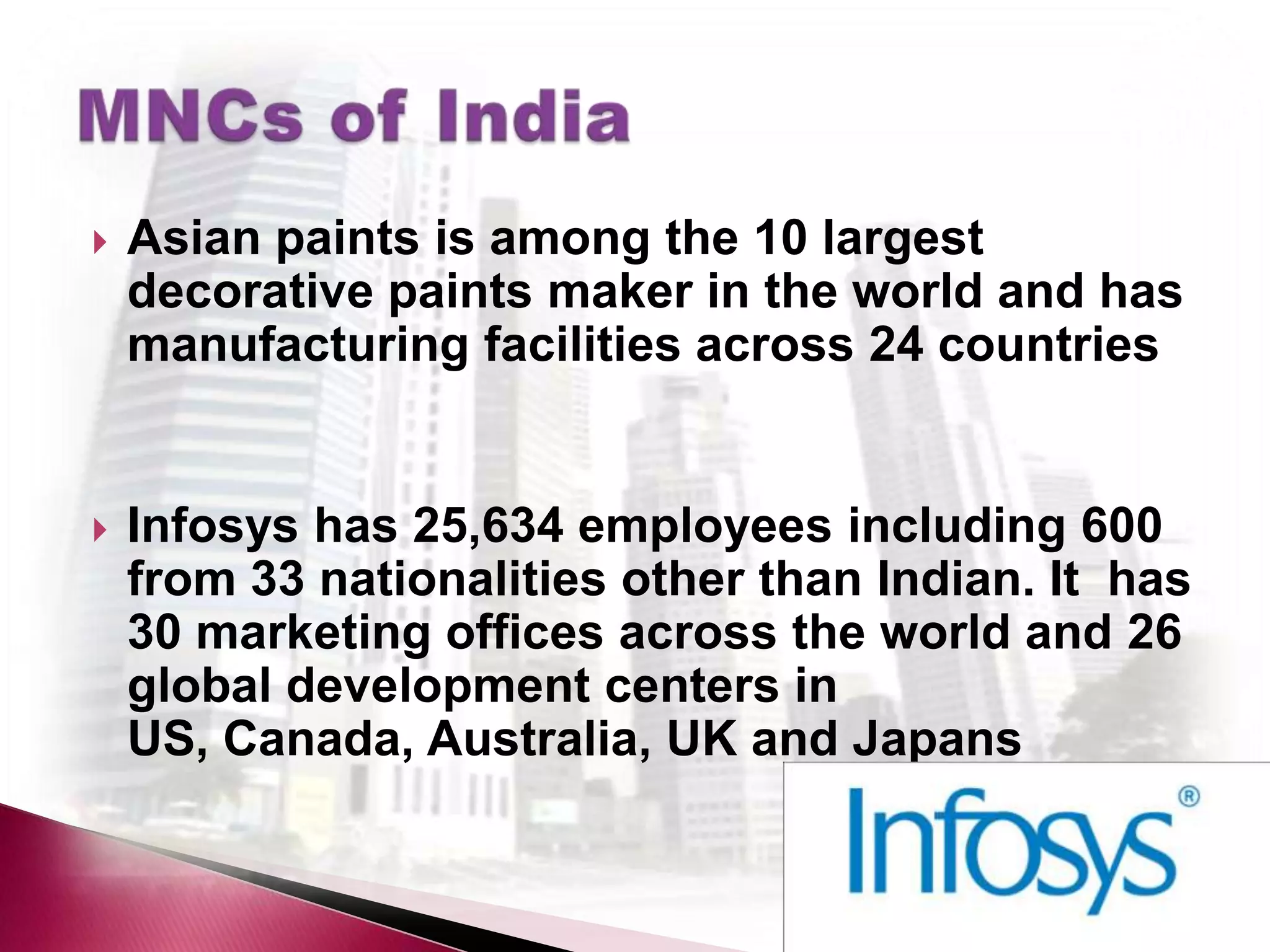    Asian paints is among the 10 largest
    decorative paints maker in the world and has
    manufacturing facilities across 24 countries


   Infosys has 25,634 employees including 600
    from 33 nationalities other than Indian. It has
    30 marketing offices across the world and 26
    global development centers in
    US, Canada, Australia, UK and Japans


                                                      20
 