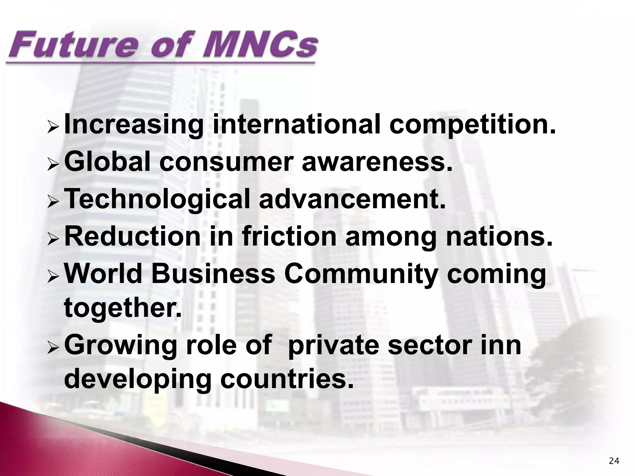  Increasinginternational competition.
 Global consumer awareness.
 Technological advancement.
 Reduction in friction among nations.
 World Business Community coming
  together.
 Growing role of private sector inn
  developing countries.

                                         24
 