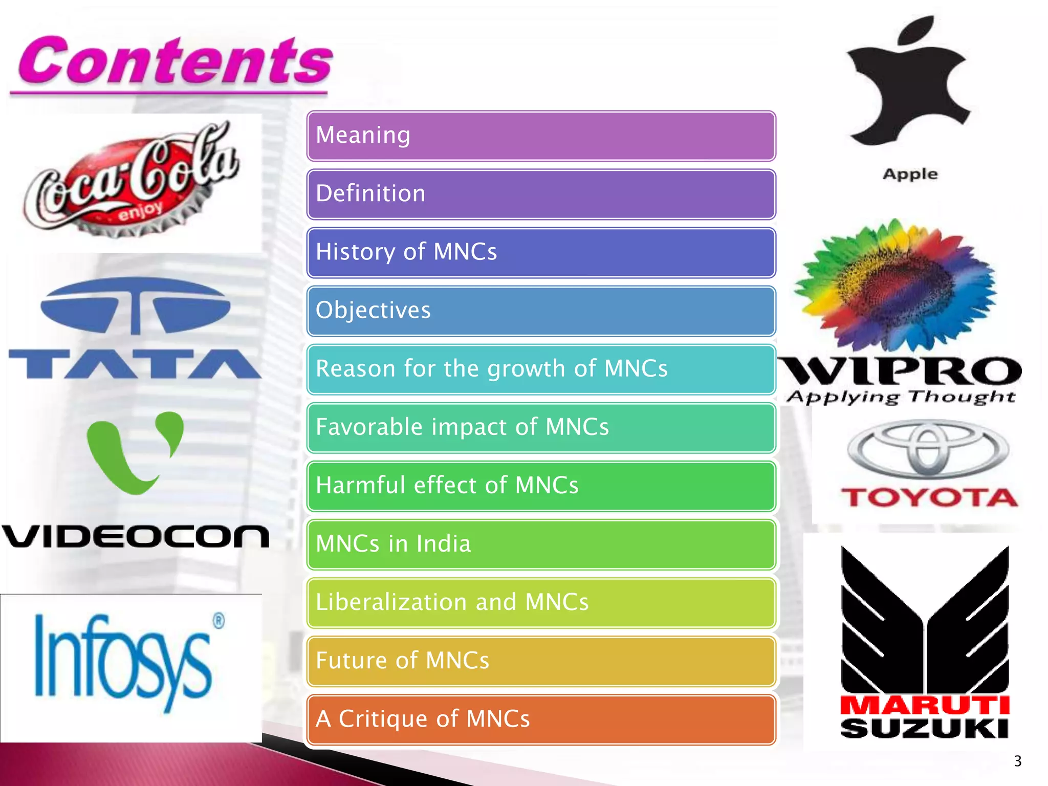 Meaning

Definition

History of MNCs

Objectives

Reason for the growth of MNCs

Favorable impact of MNCs

Harmful effect of MNCs

MNCs in India

Liberalization and MNCs

Future of MNCs

A Critique of MNCs
                                3
 