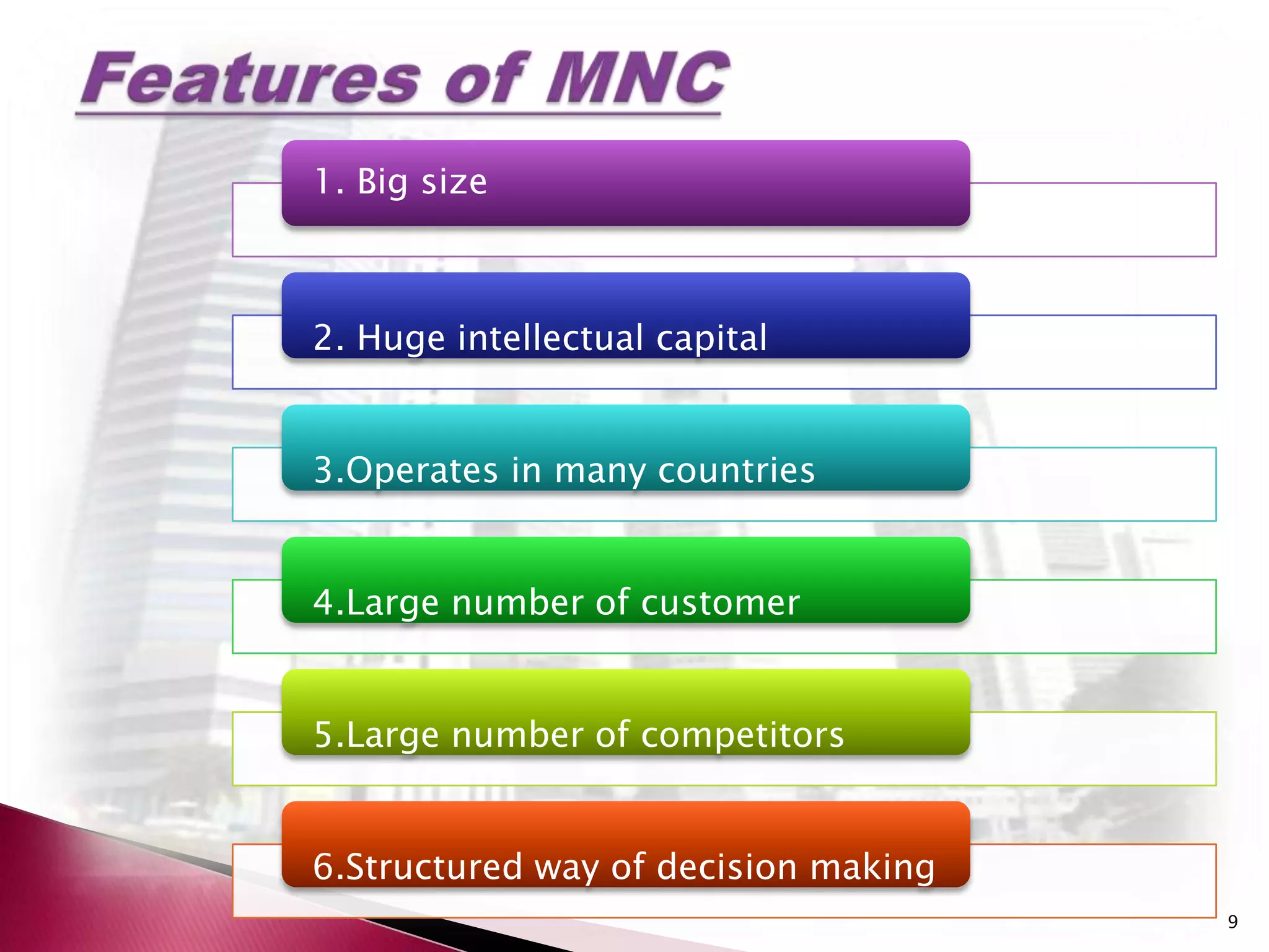 1. Big size



2. Huge intellectual capital


3.Operates in many countries


4.Large number of customer


5.Large number of competitors


6.Structured way of decision making
                                      9
 
