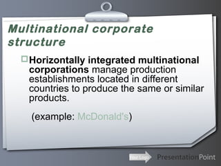 Multinational corporate
structure
Horizontally integrated multinational

corporations manage production
establishments located in different
countries to produce the same or similar
products.
(example: McDonald's)

Your Logo

 
