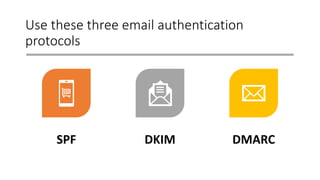 Use these three email authentication
protocols
SPF DKIM DMARC
 