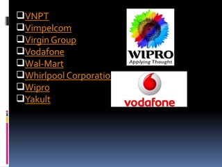 VNPT
Vimpelcom
Virgin Group
Vodafone
Wal-Mart
Whirlpool Corporation
Wipro
Yakult
 