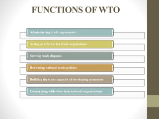 FUNCTIONS OFWTO
Administering trade agreements
Acting as a forum for trade negotiations
Settling trade disputes
Reviewing national trade policies
Building the trade capacity of developing economies
Cooperating with other international organizations
 