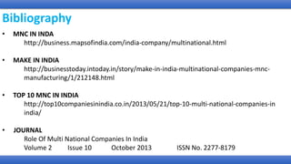 Bibliography
• MNC IN INDA
http://business.mapsofindia.com/india-company/multinational.html
• MAKE IN INDIA
http://businesstoday.intoday.in/story/make-in-india-multinational-companies-mnc-
manufacturing/1/212148.html
• TOP 10 MNC IN INDIA
http://top10companiesinindia.co.in/2013/05/21/top-10-multi-national-companies-in
india/
• JOURNAL
Role Of Multi National Companies In India
Volume 2 Issue 10 October 2013 ISSN No. 2277-8179
 
