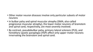 • Other motor neuron diseases involve only particular subsets of motor
neurons
• In bulbar palsy and spinal muscular atrophy (SMA; also called
progressive muscular atrophy), the lower motor neurons of brainstem
and spinal cord, respectively, are most severely involved.
• By contrast, pseudobulbar palsy, primary lateral sclerosis (PLS), and
hereditary spastic paraplegia (HSP) affect only upper motor neurons
innervating the brainstem and spinal cord.
 