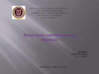 ALUMNA:
YADDINNY MOYA
C.I: 17.920.221
GUARENAS , 14 DE JULIO 2015
Reingeniería como Herramienta
(Mándala)
 