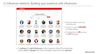 #Mynewsdesk
2 | Influencer relations: Building your audience with influencers
•	To address the right influencers in their respective fields PR professionals
need to find the people who have the biggest impact with their opinions.
•	Influencer relations across all
social networks
•	Connect to a list of 540,000
journalists globally
•	Find influencers in 42 countries
and 27 languages
 