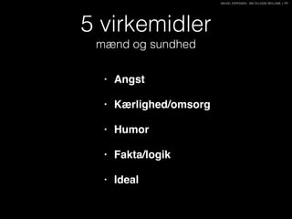 MIKAEL ESPENSEN - WELTKLASSE REKLAME + PR
5 virkemidler
mænd og sundhed
• Angst!
• Kærlighed/omsorg!
• Humor!
• Fakta/logik!
• Ideal
 