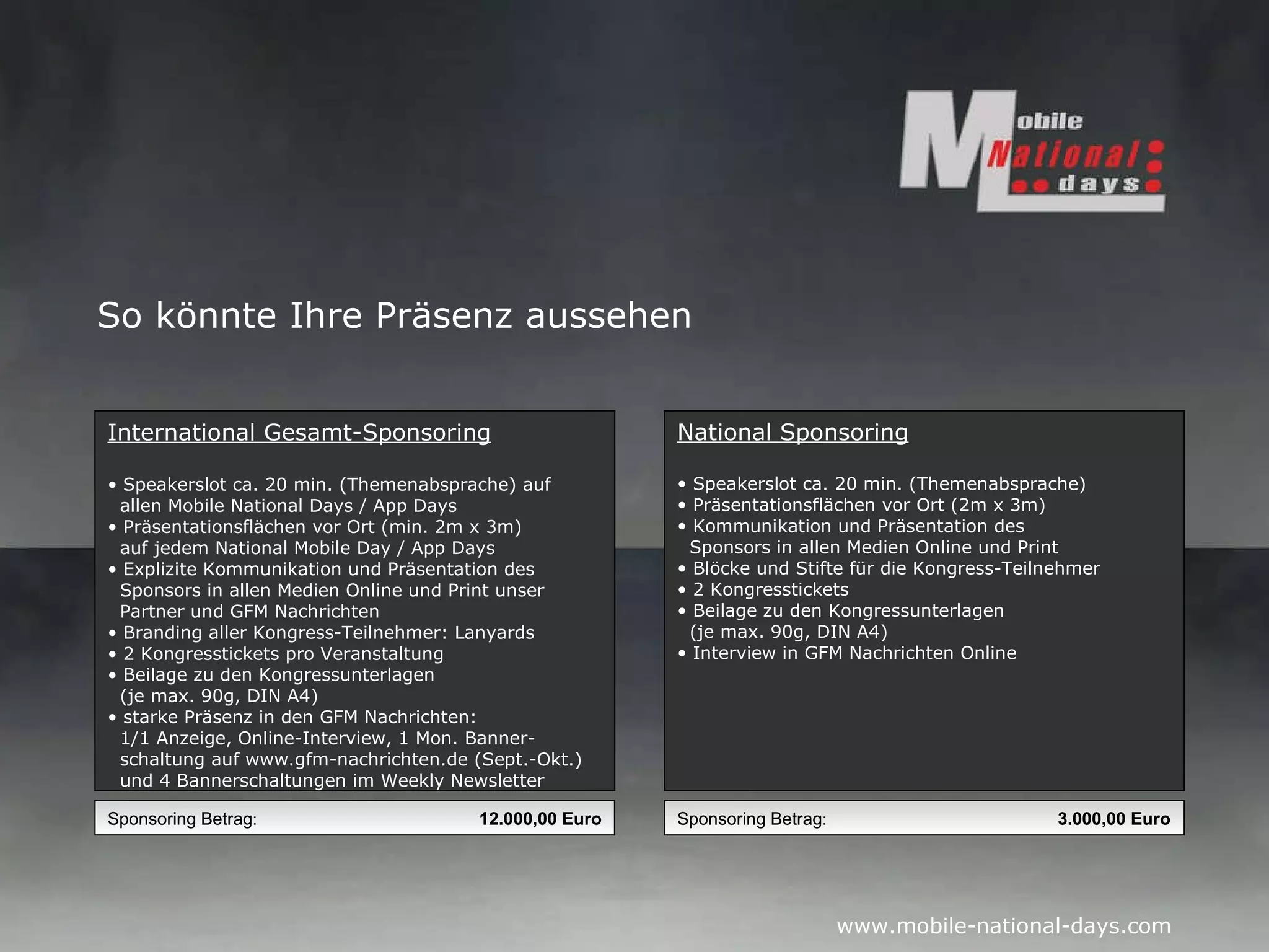 International Gesamt-Sponsoring Speakerslot ca. 20 min. (Themenabsprache) auf   allen Mobile National Days / App Days Präsentationsflächen vor Ort (min. 2m x 3m)   auf jedem National Mobile Day / App Days Explizite Kommunikation und Präsentation des   Sponsors in allen Medien Online und Print unser    Partner und GFM Nachrichten Branding aller Kongress-Teilnehmer: Lanyards  2 Kongresstickets pro Veranstaltung Beilage zu den Kongressunterlagen   (je max. 90g, DIN A4) starke Präsenz in den GFM Nachrichten:   1/1 Anzeige, Online-Interview, 1 Mon. Banner-   schaltung auf www.gfm-nachrichten.de (Sept.-Okt.)    und 4 Bannerschaltungen im Weekly Newsletter Sponsoring Betrag :  12.000,00 Euro National Sponsoring Speakerslot ca. 20 min. (Themenabsprache) Präsentationsflächen vor Ort (2m x 3m) Kommunikation und Präsentation des   Sponsors in allen Medien Online und Print Blöcke und Stifte für die Kongress-Teilnehmer 2 Kongresstickets Beilage zu den Kongressunterlagen   (je max. 90g, DIN A4) Interview in GFM Nachrichten Online Sponsoring Betrag :  3.000,00 Euro So könnte Ihre Präsenz aussehen 