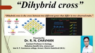 “Dihybrid cross is the cross between two different genes that differ in two observed traits.”
“Dihybrid cross”
Presented By:
Dr. R. N. CHAVHAN
Assistant Professor in Zoology,
Mahatma Gandhi Arts, science and
late N. P. Commerce college, Armori, District Gadchiroli (M.S.)
 