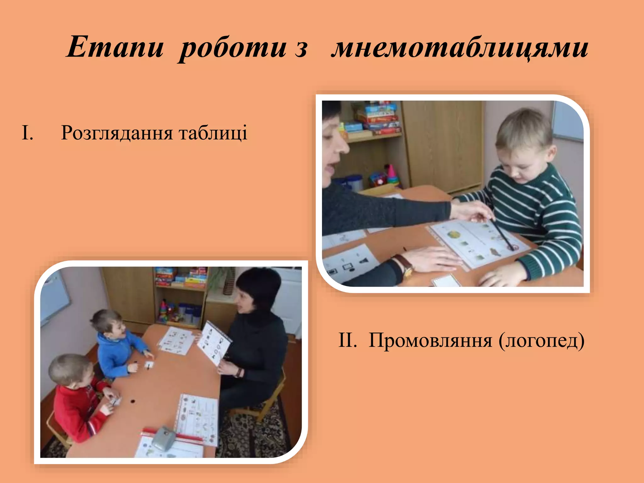 Етапи роботи з мнемотаблицями
I. Розглядання таблиці
II. Промовляння (логопед)
 