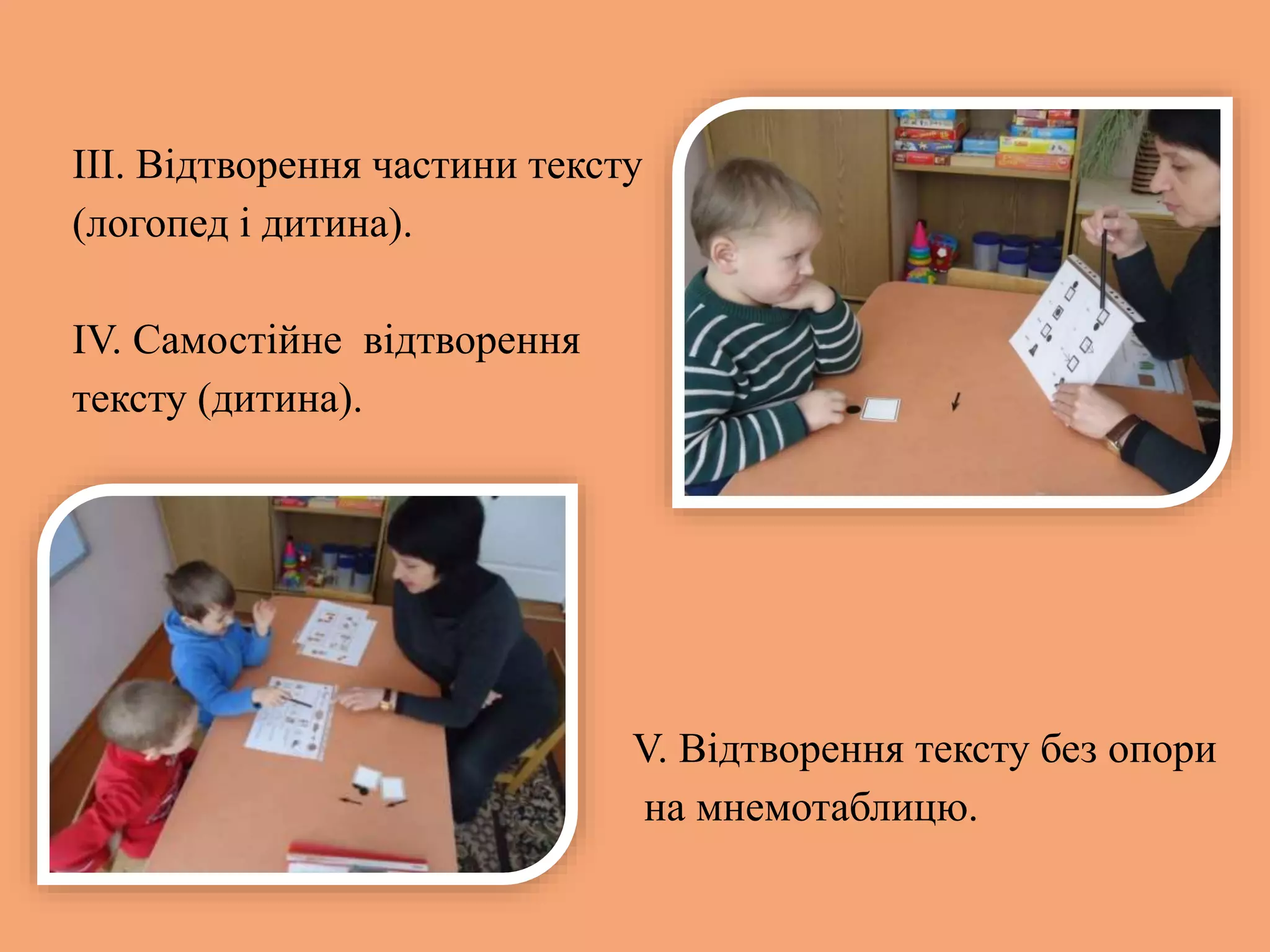 III. Відтворення частини тексту
(логопед і дитина).
IV. Самостійне відтворення
тексту (дитина).
V. Відтворення тексту без опори
на мнемотаблицю.
 