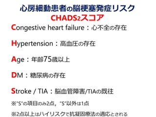 心房細動患者の脳梗塞発症リスク
CHADS2スコア
Congestive heart failure：心不全の存在
Hypertension：高血圧の存在
Age：年齢75歳以上
DM：糖尿病の存在
Stroke / TIA：脳血管障害/TIAの既往
※”S”の項目のみ2点，”S”以外は1点
※2点以上はハイリスクで抗凝固療法の適応とされる
 