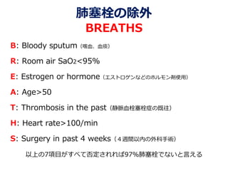 肺塞栓の除外
BREATHS
B: Bloody sputum（喀血、血痰）
R: Room air SaO2<95%
E: Estrogen or hormone（エストロゲンなどのホルモン剤使用）
A: Age>50
T: Thrombosis in the past（静脈血栓塞栓症の既往）
H: Heart rate>100/min
S: Surgery in past 4 weeks（４週間以内の外科手術）
以上の7項目がすべて否定されれば97%肺塞栓でないと言える
 