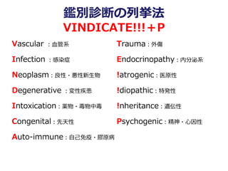 鑑別診断の列挙法
VINDICATE!!!＋P
Vascular ：血管系
Infection ：感染症
Neoplasm：良性・悪性新生物
Degenerative ：変性疾患
Intoxication：薬物・毒物中毒
Congenital：先天性
Auto-immune：自己免疫・膠原病
Trauma：外傷
Endocrinopathy：内分泌系
!atrogenic：医原性
!diopathic：特発性
!nheritance：遺伝性
Psychogenic：精神・心因性
 
