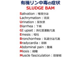 有機リン中毒の症状
SLUDGE BAM
Salivation：唾液分泌
Lachrymation：流涙
Urination：尿失禁
Diarrhea：下痢
GI upset：消化管運動亢進
Emesis：嘔吐
Bronchorrhea：気道分泌亢進
Bradycardia：徐脈
Abdominal pain：腹痛
Miosis：縮瞳
Muscle fasciculation：筋攣縮
 