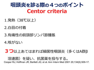 咽頭炎を診る際の４つのポイント
Centor criteria
1.発熱（38℃以上）
2.白苔の付着
3.有痛性の前頸部リンパ節腫脹
4.咳がない
３つ以上あてはまれば細菌性咽頭炎（多くはA群β
溶連菌）を疑い、抗菌薬を投与する。
Cooper RJ; Hoffman JR; Bartlett JG; et al. Ann Intern Med 2001 20;134(6):509-17.
 