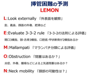 挿管困難の予測
LEMON
L:Look externally 「外表面を観察」
髭、義歯、顔面の外傷、肥満など
E:Evaluate 3-3-2 rule 「3-3-2の法則による評価」
開口3横指、頤‐舌骨3横指、口腔底‐甲状軟骨が2横指あるか
M:Mallampati 「マランパチ分類による評価」
O:Obstruction 「閉塞はあるか？」
炎症、外傷、腫瘍などによる上気道閉塞はあるか？
N:Neck mobility 「頚部の可動性は？」
 