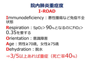 院内肺炎重症度
I-ROAD
Immunodeficiency：悪性腫瘍など免疫不全
状態
Respiration：SpO2＞90%となるのにFiO2＞
0.35を要する
Orientation：意識障害
Age：男性≧70歳，女性≧75歳
Dehydration：脱水
➾3/5以上あれば重症（死亡率40%）
 