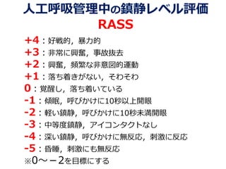人工呼吸管理中の鎮静レベル評価
RASS
+4：好戦的，暴力的
+3：非常に興奮，事故抜去
+2：興奮，頻繁な非意図的運動
+1：落ち着きがない，そわそわ
0：覚醒し，落ち着いている
-1：傾眠，呼びかけに10秒以上開眼
-2：軽い鎮静，呼びかけに10秒未満開眼
-3：中等度鎮静，アイコンタクトなし
-4：深い鎮静，呼びかけに無反応，刺激に反応
-5：昏睡，刺激にも無反応
※0～－2を目標にする
 