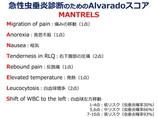 急性虫垂炎診断のためのAlvaradoスコア
MANTRELS
Migration of pain：痛みの移動（1点）
Anorexia：食思不振（1点）
Nausea：嘔気
Tenderness in RLQ：右下腹部の圧痛（2点）
Rebound pain：反跳痛（1点）
Elevated temperature：発熱（1点）
Leucocytosis：白血球増多（2点）
Shift of WBC to the left：白血球左方移動
1-4点：低リスク（虫垂炎確率30%）
5,6点：中リスク（虫垂炎確率66%）
7-10点：高リスク（虫垂炎確率93%）
 