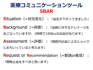 医療コミュニケーションツール
SBAR
Situation（=状況変化）：「血圧が下がってきました」
Background（=背景）：「血胸に対するドレナージを
おこなっていますが、1時間で1500ccの出血があります」
Assessment（=評価）：「胸腔内出血によるショック
におちいっていると考えます」
Request or Recommendation（=要請or推奨）：
「開胸止血をすべきと思います」
 