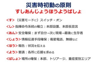 災害時初動の原則
すしあんじょうほうようばしょ
＜す＞（災害モードに）スイッチ・オン
＜し＞指揮命令系統の確立：本部設置、本部長宣言
＜あん＞安全確保：まず自分→次に現場→最後に生存者
＜じょう＞情報伝達手段確保：衛星電話、無線など
＜ほう＞報告：状況を伝える
＜よう＞要請：各所に応援を求める
＜ばしょ＞場所の確保：本部、トリアージ、重症度別エリア
 