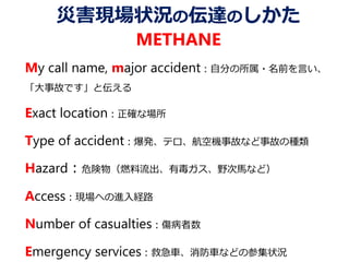 災害現場状況の伝達のしかた
METHANE
My call name, major accident：自分の所属・名前を言い、
「大事故です」と伝える
Exact location：正確な場所
Type of accident：爆発、テロ、航空機事故など事故の種類
Hazard：危険物（燃料流出、有毒ガス、野次馬など）
Access：現場への進入経路
Number of casualties：傷病者数
Emergency services：救急車、消防車などの参集状況
 