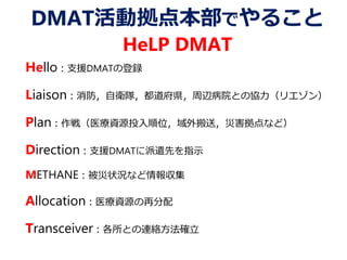 DMAT活動拠点本部でやること
HeLP DMAT
Hello：支援DMATの登録
Liaison：消防，自衛隊，都道府県，周辺病院との協力（リエゾン）
Plan：作戦（医療資源投入順位，域外搬送，災害拠点など）
Direction：支援DMATに派遣先を指示
METHANE：被災状況など情報収集
Allocation：医療資源の再分配
Transceiver：各所との連絡方法確立
 