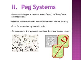 •Uses something you know (and won’t forget) to “hang” new
information on;
•Pairs old information with new information in a visual format;
•Good for remembering items in order;
•Common pegs: the alphabet; numbers; furniture in your house
11
 