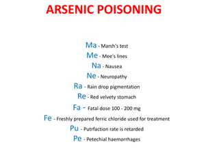 ARSENIC POISONING
Ma - Marsh's test
Me - Mee's lines
Na - Nausea
Ne - Neuropathy
Ra - Rain drop pigmentation
Re- Red velvety stomach
Fa - Fatal dose 100 - 200 mg
Fe - Freshly prepared ferric chloride used for treatment
Pu - Putrfaction rate is retarded
Pe - Petechial haemorrhages
 