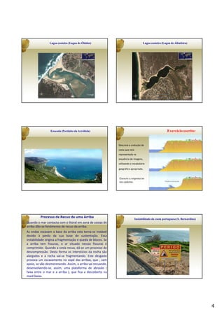Lagoa costeira (Lagoa de Óbidos)                                    Lagoa costeira (Lagoa de Albufeira)




                 Enseada (Portinho da Arrábida)                                                         Exercício escrito:


                                                             Descreve a evolução da
                                                             costa que está
                                                             representada na
                                                             sequência de imagens,
                                                             utilizando o vocabulário

                                                             geográfico apropriado.


                                                             Escreve a resposta no
                                                             teu caderno.




          Processo de Recuo de uma Arriba                                     Instabilidade da costa portuguesa (S. Bernardino)
Quando o mar contacta com o litoral em zona de costas de
arriba dão-se fenómenos de recuo da arriba.
As ondas escavam a base da arriba esta torna-se instável
devido à perda da sua base de sustentação. Essa
instabilidade origina a fragmentação e queda de blocos. Se
a arriba tem fissuras, o ar situado nessas fissuras é
comprimido. Quando a onda recua, dá-se um processo de
descompressão. Desta forma os interstícios da rocha são
alargados e a rocha vai-se fragmentando. Este desgaste
provoca um escavamento no sopé das arribas, que , sem
apoio, se vão desmoronando. Assim, a arriba vai recuando,
desenvolvendo-se, assim, uma plataforma de abrasão (
faixa entre o mar e a arriba ), que fica a descoberto na
maré baixa.




                                                                                                                                  4
 