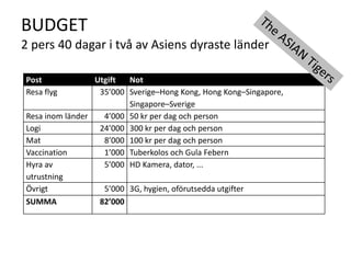 BUDGET2 pers 40 dagar i två av Asiens dyraste länderThe ASIAN Tigers