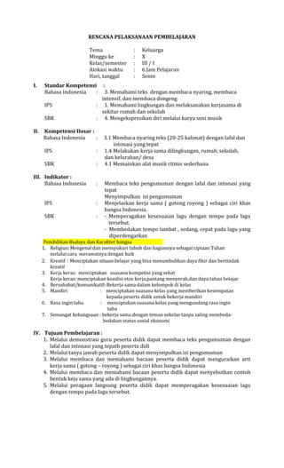 RENCANA PELAKSANAAN PEMBELAJARAN
Tema
Minggu ke
Kelas/semester
Alokasi waktu
Hari, tanggal
I.

Keluarga
X
III / I
6 Jam Pelajaran
Senin

Standar Kompetensi
Bahasa Indonesia
:
IPS
SBK

II.

:
:
:
:
:

:
3. Memahami teks dengan membaca nyaring, membaca
intensif, dan membaca dongeng
: 1. Memahami lingkungan dan melaksanakan kerjasama di
sekitar rumah dan sekolah
: 4. Mengekspresikan diri melalui karya seni musik

Kompetensi Dasar :
Bahasa Indonesia
:
IPS

:

SBK

:

III. Indikator :
Bahasa Indonesia

:

IPS

:

SBK

:

3.1 Membaca nyaring teks (20-25 kalimat) dengan lafal dan
intonasi yang tepat
1.4 Melakukan kerja sama dilingkungan, rumah, sekolah,
dan kelurahan/ desa
4.1 Memainkan alat musik ritmis sederhana
Membaca teks pengumuman dengan lafal dan intonasi yang
tepat
Menyimpulkan isi pengumuman
Menjelaskan kerja sama ( gotong royong ) sebagai ciri khas
bangsa Indonesia.
- Memperagakan kesesuaian lagu dengan tempo pada lagu
tersebut.
- Membedakan tempo lambat , sedang, cepat pada lagu yang
diperdengarkan

Pendidikan Budaya dan Karakter bangsa
1. Religius: Mengenal dan mensyukuri tubuh dan bagiannya sebagai ciptaan Tuhan
melalui cara merawatnya dengan baik
2. Kreatif : Menciptakan situasi belajar yang bisa menumbuhkan daya fikir dan bertindak
kreatif
3. Kerja keras: menciptakan suasana kompetisi yang sehat
Kerja keras: menciptakan kondisi etos kerja,pantang menyerah,dan daya tahan belajar
4. Bersahabat/komunikatif: Bekerja sama dalam kelompok di kelas
5. Mandiri
: menciptakan suasana kelas yang memberikan kesempatan
kepada peserta didik untuk bekerja mandiri
6. Rasa ingin tahu
: menciptakan suasana kelas yang mengundang rasa ingin
tahu
7. Semangat kebangsaan : bekerja sama dengan teman sekelas tanpa saling membedabedakan status sosial ekonomi

IV. Tujuan Pembelajaran :
1. Melalui demonstrasi guru peserta didik dapat membaca teks pengumuman dengan
lafal dan intonasi yang tepatb peserta didi
2. Melalui tanya jawab peserta didik dapat menyimpulkan isi pengumuman
3. Melalui membaca dan memahami bacaan peserta didik dapat menguraikan arti
kerja sama ( gotong – royong ) sebagai ciri khas bangsa Indonesia
4. Melalui membaca dan memahami bacaan peserta didik dapat menyebutkan contoh
bentuk keja sama yang ada di lingkungannya.
5. Melalui peragaan langsung peserta didik dapat memperagakan kesesuaian lagu
dengan tempo pada lagu tersebut.

 