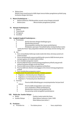 •

Bahasa Jawa
Melalui tanya jawab peserta didik dapat menceritakan pengalaman pribadi yang
berkaitan dengan lalu lintas

V. Materi Pembelajaran :
•
Bahasa Indonesia: Melaksanakan sesuatu sesuai dengan petunjuk
•
Bahasa Jawa
: Menceritakan pengalaman pribadi
VI. Metode Pembelajaran :
1. Diskusi
2. Tanya Jawab
3. Penugasan
4. Ceramah
VII. Langkah-langkah Pembelajaran :
A. Pembukaan
1.
Berdoa bersama dengan bimbingan guru
2.
Memberikan presensi
3.
Menyampaikan manfaat dan tujuan pembelajaran
4.
Melakukan apersepsi: Pernahkah kalian memperhatikan tandatanda lalu lintas? Apa yang kalian lakukan saat lampu merah, kuning, atau
hijau?
B. Inti
1. Guru menyediakan beberapa tanda-tanda lalu lintas, bertanya jawab arti
tanda-tersebut
2. Secara berkelompok yang perspektif gender peserta didik bermain peran
memperagakan arti tanda-tanda tersebut
3. Guru memberi penguatan materi
4. Peserta didik bertanya jawab tentang pengalaman pribadi yang pernah
dialami berkaitan dengan tertib lalu lintas
5. Peserta didik menceritakan pengalaman pribadinya
6. Peserta didik lain diminta menanggapi cerita teman tentang pengalaman
pribadi
7. Guru memberikan penguatan materi
PENJELASAN PELAKSANAAN MODEL PEMBELAJARAN
• Kegiatan 1, 4 termasuk proses Eksplorasi
• Kegiatan 2, 5, 6 termasuk proses Elaborasi
• Kegiatan 3, 7 termasuk proses Konfirmasi
C. Penutup
1.
Peserta didik dibimbing guru menyimpulembar kerjaan hasil
diskusi
2.
Peserta didik mengerjakan soal evaluasi
3.
Guru melakukan refleksi pembelajaran
4.
Memberikan motivasi dan pemberian PR
5.
Doa penutup untuk mengakhiri pembelajaran
VIII. Media dan Sumber Belajar :
• Media
:
Gambar tanda-tanda lalu lintas
• Sumber Belajar
:
Buku Bahasa Indonesia kelas 3 BSE
Buku Bahasa Jawa kelas 3
IX. Penilaian :
A. Prosedur tes

:

Tes dalam proses

:

lisan, unjuk kerja

 