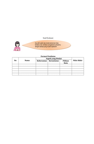 Soal Evaluasi
Ayo pilih salah satu tanda-tanda lalu lintas
Ayo pilih salah satu tanda-tanda lalu lintas
tersebut, lalu ceritakan pengalaman pribadimu
tersebut,
dengan bahasa yang mudah dipahami!
dengan

No

Nama

Format Penilaian
Aspek yang Dinilai
Keberanian Keruntutan
Pilihan
Kata

Nilai Akhir

 