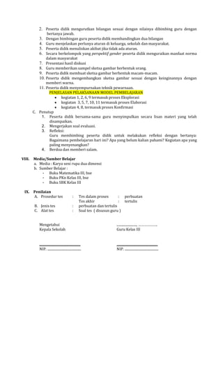2. Peserta didik mengurutkan bilangan sesuai dengan nilainya dibimbing guru dengan

bertanya jawab.
Dengan bimbingan guru peserta didik membandingkan dua bilangan
Guru menjelaskan perlunya aturan di keluarga, sekolah dan masyarakat.
Peserta didik menuliskan akibat jika tidak ada aturan.
Secara berkelompok yang perspektif gender peserta didik menguraikan manfaat norma
dalam masyarakat
7. Presentasi hasil diskusi
8. Guru memberikan sampel sketsa gambar berbentuk orang.
9. Peserta didik membuat sketsa gambar berbentuk macam-macam.
10. Peserta didik mengembangkan sketsa gambar sesuai dengan keinginannya dengan
memberi warna.
11. Peserta didik menyempurnakan teknik pewarnaan.
PENJELASAN PELAKSANAAN MODEL PEMBELAJARAN
kegiatan 1, 2, 6, 9 termasuk proses Eksplorasi
kegiatan 3, 5, 7, 10, 11 termasuk proses Elaborasi
kegiatan 4, 8, termasuk proses Konfirmasi
C. Penutup
1. Peserta didik bersama-sama guru menyimpulkan secara lisan materi yang telah
disampaikan.
2. Mengerjakan soal evaluasi.
3. Refleksi:
Guru membimbing peserta didik untuk melakukan refleksi dengan bertanya:
Bagaimana pembelajaran hari ini? Apa yang belum kalian pahami? Kegiatan apa yang
paling menyenangkan?
4. Berdoa dan memberi salam.

3.
4.
5.
6.

VIII.

IX.

Media/Sumber Belajar
a. Media : Karya seni rupa dua dimensi
b. Sumber Belajar :
- Buku Matematika III, bse
- Buku PKn Kelas III, bse
- Buku SBK Kelas III
Penilaian
A. Prosedur tes

:

B. Jenis tes
C. Alat tes

:
:

Tes dalam proses
: perbuatan
Tes akhir
: tertulis
perbuatan dan tertulis
Soal tes ( disusun guru )

Mengetahui
Kepala Sekolah

........................, ……………….
Guru Kelas III

..................................................
NIP. .........................................

..................................................
NIP. .........................................

 
