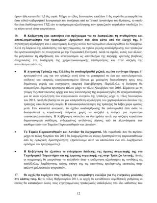 έρνπλ ήδε θαηαηεζεί 1,5 δηο επξψ. Μέρξη ην ηέινο Ιαλνπαξίνπ επηπιένλ 1 δηο επξψ ζα κεηαθεξζεί ζε
έλαλ εηδηθφ θπβεξλεηηθφ ινγαξηαζκφ πνπ αλνίρηεθε απφ ην Γεληθφ Λνγηζηήξην ηνπ Κξάηνπο, ην νπνίν
ζα είλαη δηαζέζηκν ζην ΣΥ΢ εάλ ην πξφγξακκα αμηνιφγεζεο ησλ ηξαπεδηθψλ θεθαιαίσλ ππνδείμεη φηη
νη πφξνη απηνί είλαη απαξαίηεηνη.

16.    Ζ Κπβέξλεζε έρεη εθπνλήζεη έλα πξόγξακκα γηα λα δηαζθαιίζεη ηε ζηαζεξόηεηα θαη
απνηειεζκαηηθόηεηα ησλ ηξαπεδηθώλ ηδξπκάησλ πνπ είλαη θάησ από ηνλ έιεγρό ηεο. Η
ζηξαηεγηθή αμηνιφγεζε θαη ν νηθνλνκηθφο έιεγρνο απηψλ ησλ ηδξπκάησλ νινθιεξψζεθε ην Ννέκβξην.
Καηά ηε δηάξθεηα ηεο πινπνίεζεο ηνπ πξνγξάκκαηνο, ηα ζρέδηα ξηδηθήο αλαδηάξζξσζεο ησλ ηξαπεδψλ
ζα νξηζηηθνπνηεζνχλ ζε ζπλεξγαζία κε ηελ Δπξσπατθή Δπηηξνπή. Απηά ηα ζρέδηα, εθηφο ησλ άιισλ,
ζα κεηξηάζνπλ ηε ζηξέβισζε ηνπ αληαγσληζκνχ σο απνηέιεζκα ηεο παξνρήο θξαηηθήο βνήζεηαο
ζηνρεχνληαο ζηε δηαηήξεζε ηεο ρξεκαηννηθνλνκηθήο ζηαζεξφηεηαο θαη ζηελ αχμεζε ηεο
απνηειεζκαηηθφηεηαο.

     Ζ Αγξνηηθή Σξάπεδα ηεο Διιάδνο ζα αλαδηαξζξσζεί ξηδηθά, σο έλα απηόλνκν ίδξπκα. Η
      πξνηεξαηφηεηά καο γηα ηελ ηξάπεδα απηή είλαη λα κεηαηξαπεί ζε έλα πην απνηειεζκαηηθφ,
      επέιηθην θαη επαξθψο θεθαιαηνπνηεκέλν ίδξπκα κε κεησκέλε δαλεηνδφηεζε πξνο ηνπο
      δεκφζηνπο θνξείο θαη εληζρπκέλε εηαηξηθή δηαθπβέξλεζε. Παξάιιεια, ε δηνίθεζε ζα
      αλαθνηλψζεη δεκφζηα πξνζθνξά ηίηισλ κέρξη ην ηέινο Ννεκβξίνπ ηνπ 2010. ΢χκθσλα κε ηε
      γλψκε ηεο επνπηεχνπζαο αξρήο θαη ηνπο θαλνληζκνχο ηεο θεθαιαηαγνξάο, ζα πξαγκαηνπνηεζεί
      κηα εθ λένπ αμηνιφγεζε ησλ θεθαιαηαθψλ αλαγθψλ ηεο ηξάπεδαο κέρξη ην ηέινο Ιαλνπαξίνπ
      ηνπ 2011. Απηή ζα βαζίδεηαη ζε κηα επηπξφζζεηε αμηνιφγεζε ηνπ ραξηνθπιαθίνπ δαλείσλ ηεο
      ηξάπεδαο απφ ειεγθηηθή εηαηξία. Η επαλαθεθαιαηνπνίεζε ηεο ηξάπεδαο ζα ιάβεη ρψξα ακέζσο
      κεηά. Δάλ θαηαζηεί αλαγθαίν, ην ζρέδην αλαδηάξζξσζεο ζα ελδπλακσζεί έηζη ψζηε λα
      δηαζθαιηζηεί ε θεθαιαηαθή επάξθεηα ρσξίο λα απμεζεί ε αλάγθε γηα πεξαηηέξσ
      επαλαθεθαιαηνπνίεζε. Η Κπβέξλεζε ζθνπεχεη λα δηαηεξήζεη απηή ηελ αχμεζε θεθαιαίνπ
      δεκνζηνλνκηθά νπδέηεξε, ελδερνκέλσο αληιψληαο πφξνπο απφ ηα πιενλάζκαηα ησλ
      απνζεκαηηθψλ ηνπ Σακείνπ Παξαθαηαζεθψλ θαη Γαλείσλ.

     Σν Σακείν Παξαθαηαζεθώλ θαη Γαλείσλ ζα δηαρσξηζηεί. Με λνκνζεζία πνπ ζα πεξάζεη
      κέρξη ην ηέινο Μαξηίνπ ηνπ 2011 ζα δηαρσξίδνληαη νη θχξηεο δξαζηεξηφηεηεο παξαθαηαζεθψλ
      απφ ηηο εκπνξηθέο δξαζηεξηφηεηεο. (πξνηείλνπκε απηφ λα απνηειέζεη έλα λέν δηαξζξσηηθφ
      νξφζεκν ηνπ πξνγξάκκαηνο).

     Ζ Κπβέξλεζε ζα εμεηάζεη ην ελδερόκελν δηάζεζεο ηεο άκεζεο ζπκκεηνρήο ηεο ζην
      Σαρπδξνκηθό Σακηεπηήξην θαη ηεο έκκεζεο ζπκκεηνρήο ηεο ζηελ Σξάπεδα Αηηηθήο. Απηέο
      νη ζπκκεηνρέο ζα κπνξνχζαλ λα πσιεζνχλ φηαλ ε θπβέξλεζε αμηνινγήζεη ηηο ζπλζήθεο σο
      θαηάιιειεο, ιακβάλνληαο επίζεο ππφςε ηεο ηηο απαηηήζεηο πξνιεπηηθήο επνπηείαο ζηελ
      επηινγή κειινληηθψλ αγνξαζηψλ.

17.    Οη αξρέο ζα παξέρνπλ ζηηο ηξάπεδεο ηελ απαξαίηεηε επειημία γηα ηηο αλαγθαίεο κεηώζεηο
ζην θόζηνο ηνπο. Ωο ην ηέινο Φεβξνπαξίνπ 2011, νη αξρέο ζα θαηαζέζνπλ λνκνζεηηθέο ξπζκίζεηο νη
νπνίεο ζα θαηαηάμνπλ φινπο ηνπο εγγεγξακκέλνπο ηξαπεδηθνχο ππάιιεινπο ζην ίδην θαζεζηψο πνπ


                                              12
 