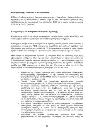 Ολοκλήπυζη ηηρ Αζθαλιζηικήρ Μεηαππύθμιζηρ

Η Δζληθή Αλαινγηζηηθή Αξρή ζα παξνπζηάζεη κέρξη ηηο 15 Γεθεκβξίνπ ελδηάκεζε έθζεζε κε
πξνβιέςεηο γηα ηηο ζπληαμηνδνηηθέο δαπάλεο κέρξη ην 2060 (αλαινγηζηηθέο κειέηεο), φπσο
πξνβιέπεηαη απφ ηνλ αζθαιηζηηθφ λφκν ηνπ Ινπιίνπ 2010 γηα ηα ηακεία θχξηαο αζθάιηζεο
(ΙΚΑ, ΟΓΑ, ΟΑΔΔ, Γεκφζην).


Δκζςγσπονιζμόρ ηος ζςζηήμαηορ ςγειονομικήρ πεπίθαλτηρ

Η θπβέξλεζε πηνζεηεί κηα εθηελή κεηαξξχζκηζε ηνπ ζπζηήκαηνο πγείαο θαη αιιάδεη ηελ
θαηαλνκή ησλ ζρεηηθψλ κε ηελ πγεία αξκνδηνηήησλ κεηαμχ ησλ ππνπξγείσλ.

Πξσηαξρηθφο ζηφρνο είλαη λα δηαηεξεζνχλ νη δεκφζηεο δαπάλεο γηα ηελ πγεία θάησ απφ 6
πνζνζηηαίεο κνλάδεο ηνπ ΑΔΠ, δηαηεξψληαο παξάιιεια ηελ θαζνιηθή πξφζβαζε θαη
βειηηψλνληαο ηελ πνηφηεηα ηεο πεξίζαιςεο. ΢ε βξαρππξφζεζκν νξίδνληα, ε θχξηα έκθαζε
πξέπεη λα δνζεί ζηελ πεηζαξρία ζε καθξννηθνλνκηθφ επίπεδν θαη ζηνλ έιεγρν ηνπ θφζηνπο.

Όζνλ αθνξά ηα θαξκαθεπηηθά πξντφληα, ε θπβέξλεζε ζέηεη ζε εθαξκνγή κέηξα πξνο
εμνηθνλφκεζε ηνπιάρηζηνλ 2 δηζ. επξψ ζε ζρέζε κε ην 2010, εθ ησλ νπνίσλ ηνπιάρηζηνλ ην
1 δηζεθαηνκκχξην επξψ ζα πξέπεη λα πξαγκαηνπνηεζεί ην 2011. Απηφ ζα θέξεη ην κέζν φξν
δεκνζίσλ δαπαλψλ γηα θάξκαθα εμσλνζνθνκεηαθήο πεξίζαιςεο ζε πεξίπνπ 1 πνζνζηηαία
κνλάδα ηνπ ΑΔΠ (ζχκθσλα κε ην κέζν φξν ηεο ΔΔ) κέρξη ην ηέινο ηνπ 2012. Πην
ζπγθεθξηκέλα, ηα αθφινπζα κέηξα εθαξκφδνληαη κέρξη ην ηέινο ηνπ 2010:

         Γηαζθάιηζε ηεο πιήξνπο εθαξκνγήο ελφο εληαίνπ ζπζηήκαηνο ειεθηξνληθήο
          ζπληαγνγξάθεζεο (e-prescription), κε ηελ επέθηαζε ηνπ ζπζηήκαηνο πνπ
          ρξεζηκνπνηείηαη ζήκεξα απφ ηνλ ΟΑΔΔ ζε φια ηα ηακεία θνηλσληθήο αζθάιηζεο
          πνπ παξέρνπλ αζθάιηζε πγείαο.
         Οξηζκφο (κέζσ ΔΟΦ) θαη δεκνζίεπζε θαηεπζπληήξσλ γξακκψλ
          ζπληαγνγξάθεζεο γηα γηαηξνχο, κε βάζε ηα δηεζλή πξφηππα ζπληαγνγξάθεζεο.
         Σα ηακεία θνηλσληθήο αζθάιηζεο ζεζπίδνπλ δηαδηθαζία γηα ηελ ηαθηηθή
          αμηνιφγεζε ησλ πιεξνθνξηψλ πνπ ιακβάλνληαη κέζσ ηνπ ζπζηήκαηνο
          ειεθηξνληθήο ζπληαγνγξάθεζεο θαη ζε ζρέζε κε ηηο αλαιεθζείζεο
          θαηεπζπληήξηεο γξακκέο ζπληαγνγξάθεζεο. Η αμηνιφγεζε ζα γίλεη κέζσ κηαο
          θνηλήο εηδηθήο κνλάδαο ππφ ηελ επνπηεία ηνπ ΢πληνληζηηθνχ ΢πκβνπιίνπ
          Παξνρψλ Τγείαο (΢Τ΢ΠΤ) κε ηελ ππνζηήξημε ηεο ΗΓΙΚΑ. ΢ρεηηθέο θπξψζεηο
          θαη πνηλέο ζα επηβάιινληαη σο ζπλέρεηα ηεο αμηνιφγεζεο, φπσο πξνβιέπεηαη απφ
          ηνπο ηζρχνληεο θαλφλεο θαη ηε λνκνζεζία.
         Γεκνζηεχεηαη εηήζηα έθζεζε γηα ηε ζπληαγνγξάθεζε θαξκάθσλ, θαη ζρφιηα θαη
          παξαηεξήζεηο παξέρνληαη ζε θάζε γηαηξφ ζε ηαθηά ρξνληθά δηαζηήκαηα
          (ηνπιάρηζηνλ εηεζίσο). Η έθζεζε θαη νη παξαηεξήζεηο εζηηάδνπλ ζηελ
          ζπληαγνγξαθηθή ζπκπεξηθνξά αλαθνξηθά κε ηα πην δαπαλεξά θαη πην επξέσο
          ρξεζηκνπνηνχκελα θάξκαθα.
         Γεκνζίεπζε ηνπ πιήξνπο ηηκνθαηάινγνπ θαξκάθσλ ζηελ αγνξά,
          ρξεζηκνπνηψληαο ην λέν κεραληζκφ ηηκνιφγεζεο. Ο θαηάινγνο απηφο ζα




                                         24
 