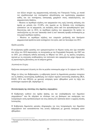 ησλ άιισλ πηπρψλ ηεο θαξκαθεπηηθήο πνιηηηθήο ζην Τπνπξγείν Τγείαο, κε ζθνπφ
        ηνλ εμνξζνινγηζκφ ησλ ζπζηεκάησλ αδεηνδφηεζεο θαη ηηκνιφγεζεο θαξκάθσλ
        θαζψο θαη ηνπ ζπζηήκαηνο επηζηξνθήο ρξεκάησλ ζηνπο αζθαιηζκέλνπο γηα
        θαξκαθεπηηθέο δαπάλεο.
         Μεηψλεη ην πεξηζψξην θέξδνπο ησλ θαξκαθείσλ ζηηο ηηκέο ιηαληθήο πψιεζεο είηε
        άκεζα κε κείσζε ζην 15-20%, είηε έκκεζα κε ηε ζέζπηζε ελφο ζπζηήκαηνο
        εθπηψζεσλ γηα ηα θαξκαθεία, γηα πσιήζεηο πάλσ απφ έλα πξνθαζνξηζκέλν φξην.
        Ξεθηλψληαο απφ ην 2012, ηα πεξηζψξηα θέξδνπο ησλ θαξκαθείσλ ζα πξέπεη λα
        ππνινγίδνληαη σο έλα θαη 'απνθνπήλ πνζφ ή θαη' απνθνπή ακνηβή ζπλδπαζκέλε κε
        έλα κηθξφ πεξηζψξην θέξδνπο.
         Μεηψλεη ην πεξηζψξην θέξδνπο ησλ εηαηξεηψλ ρνλδξηθήο πνπ δηαλέκνπλ
        θαξκαθεπηηθά πξντφληα θαηά ηνπιάρηζηνλ έλα ηξίην, απφ ηνλ Ιαλνπάξην ηνπ 2011.

Ομάδα επγαζίαρ

Η αλεμάξηεηε νκάδα εξγαζίαο ησλ εκπεηξνγλσκφλσλ ζε ζέκαηα πγείαο πνπ έρεη ζπζηαζεί
ζην ηέινο ηνπ 2010 παξνπζηάδεη, ζε ζπλεξγαζία κε ηελ Δπξσπατθή Δπηηξνπή, ηελ ΔΚΣ θαη
ην ΓΝΣ, κηα ελδηάκεζε έθζεζε πνιηηηθήο ην Μάξηην ηνπ 2011, κε ηηο πξψηεο εθηηκήζεηο
ζρεηηθά κε ηηο αλαγθαίεο αλαζεσξήζεηο ησλ πνιηηηθψλ πνπ εθαξκφδνληαη κέρξη ζήκεξα θαη
ηηο πξνηεηλφκελεο βειηηψζεηο γηα ηα επφκελα ρξφληα.

Λογιζηική και έλεγσορ

Οξίδνληαη εζσηεξηθνί ειεγθηέο ζε φια ηα κεγάια λνζνθνκεία κέρξη ην 2ν ηξίκελν ηνπ 2011.

Μέρξη ην ηέινο ηνπ Φεβξνπαξίνπ, ε θπβέξλεζε μεθηλά ηε δεκνζίεπζε κεληαίσλ ζηνηρείσλ
γηα ηηο δαπάλεο πγεηνλνκηθήο πεξίζαιςεο ησλ θχξησλ ηακείσλ θνηλσληθήο αζθάιηζεο (ΙΚΑ,
ΟΑΔΔ, ΟΓΑ θαη ΟΠΑΓ), κε ρξνληθή πζηέξεζε ηξηψλ εβδνκάδσλ κεηά ηε ιήμε ηνπ
αληίζηνηρνπ ηξηκήλνπ (βι. παξάξηεκα 1).


Καηαπολέμηζη ηηρ ζπαηάληρ ζηιρ δημόζιερ επισειπήζειρ

Η Κπβέξλεζε πηνζεηεί έλα ζρέδην δξάζεο γηα ηελ αλαδηάξζξσζε ησλ δεκνζίσλ
επηρεηξήζεσλ10 πνπ ζα νδεγήζεη ζε θιείζηκν ησλ κε βηψζηκσλ θαη θαηάξγεζε ησλ
ινγαξηαζκψλ εθηφο πξνυπνινγηζκνχ γηα ηνπο νπνίνπο δελ πθίζηαηαη πιένλ ν αξρηθφο ζθνπφο
ιεηηνπξγίαο.

Η Κπβέξλεζε δεκνζηεχεη κεληαίεο πιεξνθνξίεο γηα ηνπο ινγαξηαζκνχο ησλ δεκνζίσλ
επηρεηξήζεσλ πνπ θαηαηάζζνληαη ζηε γεληθή θπβέξλεζε κε ρξνληθή πζηέξεζε ηξηψλ
εβδνκάδσλ.



10
  Πξνηεξαηφηεηα ζα δνζεί ζηηο δεκφζηεο επηρεηξήζεηο πνπ θαηαηάζζνληαη ζηελ γεληθή θπβέξλεζε ζχκθσλα κε
ην ESA95.



                                                  39
 