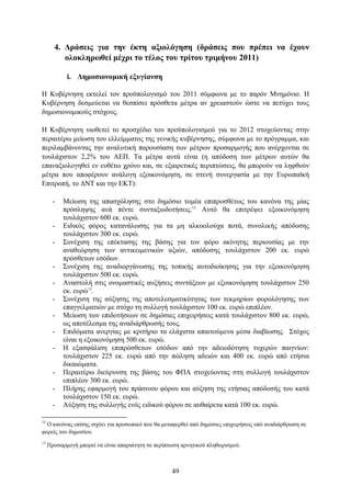 4. Γξάζεηο γηα ηελ έθηε αμηνιόγεζε (δξάζεηο πνπ πξέπεη λα έρνπλ
          νινθιεξσζεί κέρξη ην ηέινο ηνπ ηξίηνπ ηξηκήλνπ 2011)

            i. Γεκνζηνλνκηθή εμπγίαλζε

Η Κπβέξλεζε εθηειεί ηνλ πξνυπνινγηζκφ ηνπ 2011 ζχκθσλα κε ην παξφλ Μλεκφλην. Η
Κπβέξλεζε δεζκεχεηαη λα ζεζπίζεη πξφζζεηα κέηξα αλ ρξεηαζηνχλ ψζηε λα πεηχρεη ηνπο
δεκνζηνλνκηθνχο ζηφρνπο.

Η Κπβέξλεζε πηνζεηεί ην πξνζρέδην ηνπ πξνυπνινγηζκνχ γηα ην 2012 ζηνρεχνληαο ζηελ
πεξαηηέξσ κείσζε ηνπ ειιείκκαηνο ηεο γεληθήο θπβέξλεζεο, ζχκθσλα κε ην πξφγξακκα, θαη
πεξηιακβάλνληαο ηελ αλαιπηηθή παξνπζίαζε ησλ κέηξσλ πξνζαξκνγήο πνπ αλέξρνληαη ζε
ηνπιάρηζηνλ 2,2% ηνπ ΑΔΠ. Σα κέηξα απηά είλαη (ε απφδνζε ησλ κέηξσλ απηψλ ζα
επαλαμηνινγεζεί ελ επζέησ ρξφλν θαη, ζε εμαηξεηηθέο πεξηπηψζεηο, ζα κπνξνχλ λα ιεθζνχλ
κέηξα πνπ απνθέξνπλ αλάινγε εμνηθνλφκεζε, ζε ζηελή ζπλεξγαζία κε ηελ Δπξσπατθή
Δπηηξνπή, ην ΓΝΣ θαη ηελ ΔΚΣ):

       -   Μείσζε ηεο απαζρφιεζεο ζην δεκφζην ηνκέα επηπξνζζέησο ηνπ θαλφλα ηεο κίαο
           πξφζιεςεο αλά πέληε ζπληαμηνδνηήζεηο.12 Απηφ ζα επηηξέςεη εμνηθνλφκεζε
           ηνπιάρηζηνλ 600 εθ. επξψ.
       -   Δηδηθφο θφξνο θαηαλάισζεο γηα ηα κε αιθννινχρα πνηά, ζπλνιηθήο απφδνζεο
           ηνπιάρηζηνλ 300 εθ. επξψ.
       -   ΢πλέρηζε ηεο επέθηαζεο ηεο βάζεο γηα ηνλ θφξν αθίλεηεο πεξηνπζίαο κε ηελ
           αλαζεψξεζε ησλ αληηθεηκεληθψλ αμηψλ, απφδνζεο ηνπιάρηζηνλ 200 εθ. επξψ
           πξφζζεησλ εζφδσλ.
       -   ΢πλέρηζε ηεο αλαδηνξγάλσζεο ηεο ηνπηθήο απηνδηνίθεζεο γηα ηελ εμνηθνλφκεζε
           ηνπιάρηζηνλ 500 εθ. επξψ.
       -   Αλαζηνιή ζηηο νλνκαζηηθέο απμήζεηο ζπληάμεσλ κε εμνηθνλφκεζε ηνπιάρηζηνλ 250
           εθ. επξψ13.
       -   ΢πλέρηζε ηεο αχμεζεο ηεο απνηειεζκαηηθφηεηαο ησλ ηεθκεξίσλ θνξνιφγεζεο ησλ
           επαγγεικαηηψλ κε ζηφρν ηε ζπιινγή ηνπιάρηζηνλ 100 εθ. επξψ επηπιένλ.
       -   Μείσζε ησλ επηδνηήζεσλ ζε δεκφζηεο επηρεηξήζεηο θαηά ηνπιάρηζηνλ 800 εθ. επξψ,
           σο απνηέιεζκα ηεο αλαδηάξζξσζήο ηνπο.
       -   Δπηδφκαηα αλεξγίαο κε θξηηήξην ηα ειάρηζηα απαηηνχκελα κέζα δηαβίσζεο. ΢ηφρνο
           είλαη ε εμνηθνλφκεζε 500 εθ. επξψ.
       -   Η εμαζθάιηζε επηπξφζζεησλ εζφδσλ απφ ηελ αδεηνδφηεζε ηπρεξψλ παηγλίσλ:
           ηνπιάρηζηνλ 225 εθ. επξψ απφ ηελ πψιεζε αδεηψλ θαη 400 εθ. επξψ απφ εηήζηα
           δηθαηψκαηα.
       -   Πεξαηηέξσ δηεχξπλζε ηεο βάζεο ηνπ ΦΠΑ ζηνρεχνληαο ζηε ζπιινγή ηνπιάρηζηνλ
           επηπιένλ 300 εθ. επξψ.
       -   Πιήξεο εθαξκνγή ηνπ πξάζηλνπ θφξνπ θαη αχμεζε ηεο εηήζηαο απφδνζήο ηνπ θαηά
           ηνπιάρηζηνλ 150 εθ. επξψ.
       -   Αχμεζε ηεο ζπιινγήο ελφο εηδηθνχ θφξνπ ζε απζαίξεηα θαηά 100 εθ. επξψ.

12
  Ο θαλφλαο επίζεο ηζρχεη γηα πξνζσπηθφ πνπ ζα κεηαθεξζεί απφ δεκφζηεο επηρεηξήζεηο ππφ αλαδηάξζξσζε ζε
θνξείο ηνπ δεκνζίνπ.
13
     Πξνζαξκνγή κπνξεί λα είλαη απαξαίηεηε ζε πεξίπησζε αξλεηηθνχ πιεζσξηζκνχ.



                                                    49
 