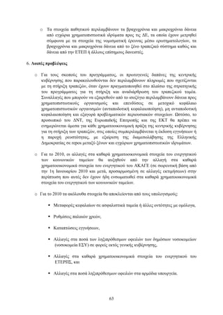 o Σα ζηνηρεία παζεηηθνχ πεξηιακβάλνπλ ηα βξαρπρξφληα θαη καθξνρξφληα δάλεηα
        απφ εγρψξηα ρξεκαηνπηζησηηθά ηδξχκαηα πξνο ηηο ΓΔ, ηα νπνία έρνπλ κεηξεζεί
        ζχκθσλα κε ηα ζηνηρεία ηεο λνκηζκαηηθή έξεπλαο κέζσ εξσηεκαηνινγίσλ, ηα
        βξαρπρξφληα θαη καθξνρξφληα δάλεηα απφ ην μέλν ηξαπεδηθφ ζχζηεκα θαζψο θαη
        δάλεηα απφ ηελ ΔΣΔΠ ή άιινπο επίζεκνπο δαλεηζηέο.

6. Λνηπέο πξνβιέςεηο

   o Γηα ηνπο ζθνπνχο ηνπ πξνγξάκκαηνο, νη πξσηνγελείο δαπάλεο ηεο θεληξηθήο
     θπβέξλεζεο πνπ παξαθνινπζνχληαη δελ πεξηιακβάλνπλ πιεξσκέο πνπ ζρεηίδνληαη
     κε ηε ζηήξημε ηξαπεδψλ, φηαλ έρνπλ πξαγκαηνπνηεζεί ζην πιαίζην ηεο ζηξαηεγηθήο
     ηνπ πξνγξάκκαηνο γηα ηε ζηήξημε θαη αλαδηάξζξσζε ηνπ ηξαπεδηθνχ ηνκέα.
     ΢πλαιιαγέο πνπ κπνξνχλ λα εμαηξεζνχλ απφ ην ηζνδχγην πεξηιακβάλνπλ δάλεηα πξνο
     ρξεκαηνπηζησηηθνχο νξγαληζκνχο θαη επελδχζεηο ζε κεηνρηθφ θεθάιαην
     ρξεκαηνπηζησηηθψλ νξγαληζκψλ (αληαπνδνηηθή θεθαιαηνπνίεζε), κε αληαπνδνηηθή
     θεθαιαηνπνίεζε θαη εμαγνξά πξνβιεκαηηθψλ πεξηνπζηαθψλ ζηνηρείσλ. Ωζηφζν, ην
     πξνζσπηθφ ηνπ ΓΝΣ, ηεο Δπξσπατθήο Δπηηξνπήο θαη ηεο ΔΚΣ ζα πξέπεη λα
     ελεκεξψλεηαη άκεζα γηα θάζε ρξεκαηννηθνλνκηθή πξάμε ηεο θεληξηθήο θπβέξλεζεο
     γηα ηε ζηήξημε ησλ ηξαπεδψλ, ζηηο νπνίεο ζπκπεξηιακβάλεηαη ε έθδνζε εγγπήζεσλ ή
     ε παξνρή ξεπζηφηεηαο, κε εμαίξεζε ηεο δηακεζνιάβεζεο ηεο Διιεληθήο
     Γεκνθξαηίαο ζε repos κεηαμχ μέλσλ θαη εγρψξησλ ρξεκαηνπηζησηηθψλ ηδξπκάησλ.

   o Γηα ην 2010, νη αιιαγέο ζηα θαζαξά ρξεκαηννηθνλνκηθά ζηνηρεία ηνπ ελεξγεηηθνχ
     ησλ θνηλσληθψλ ηακείσλ ζα απμεζνχλ απφ ηελ αιιαγή ζηα θαζαξά
     ρξεκαηννηθνλνκηθά ζηνηρεία ηνπ ελεξγεηηθνχ ηνπ AKΑΓE (ζε ζσξεπηηθή βάζε απφ
     ηελ 1ε Ιαλνπαξίνπ 2010 θαη κεηά, πξνζαξκνζκέλε ζε αιιαγέο εθηηκήζεσλ) ζηελ
     πεξίπησζε πνπ απηέο δελ έρνπλ ήδε ελζσκαησζεί ζηα θαζαξά ρξεκαηννηθνλνκηθά
     ζηνηρεία ηνπ ελεξγεηηθνχ ησλ θνηλσληθψλ ηακείσλ.

   o Γηα ην 2010 ηα αθφινπζα ζηνηρεία ζα απνθιείνληαη απφ ηνπο ππνινγηζκνχο:

           Μεηαθνξέο θεθαιαίσλ ζε αζθαιηζηηθά ηακεία ή άιιεο νληφηεηεο κε νκφινγα,

           Ρπζκίζεηο παιαηψλ ρξεψλ,

           Καηαπηψζεηο εγγπήζεσλ,

           Αιιαγέο ζηα πνζά ησλ ιεμηπξφζεζκσλ νθεηιψλ ησλ δεκφζησλ λνζνθνκείσλ
            (λνζνθνκεία Δ΢Τ) ζε θνξείο εθηφο γεληθήο θπβέξλεζεο,

           Αιιαγέο ζηα θαζαξά ρξεκαηννηθνλνκηθά ζηνηρεία ηνπ ελεξγεηηθνχ ηνπ
            ETEΡΠ΢, θαη

           Αιιαγέο ζηα πνζά ιεμηπξφζεζκσλ νθεηιψλ ζηα αξκφδηα ππνπξγεία.




                                         63
 