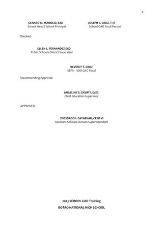 4
GENARO O. MANOLID, EdD JOSEPH C. CRUZ, T-III
School Head / School Principal School GAD Focal Person
Checked:
ELLEN L. FERNANDEZ EdD
Public Schools District Supervisor
BEVERLY T. CRUZ
SEPS - SDO GAD Focal
Recommending Approval:
ANGELINE S. CASIPIT, Ed.D.
Chief Education Supervisor
APPROVED:
DIOSDADO I. CAYABYAB, CESO VI
Assistant Schools Division Superintendent
2023 SCHOOL GAD Training
BOTAO NATIONAL HIGH SCHOOL
 