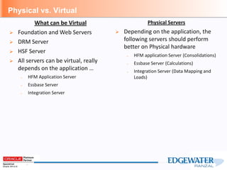 Physical vs. Virtual
Physical Servers
 Depending on the application, the
following servers should perform
better on Physical hardware
– HFM application Server (Consolidations)
– Essbase Server (Calculations)
– Integration Server (Data Mapping and
Loads)
What can be Virtual
 Foundation and Web Servers
 DRM Server
 HSF Server
 All servers can be virtual, really
depends on the application …
– HFM Application Server
– Essbase Server
– Integration Server
 