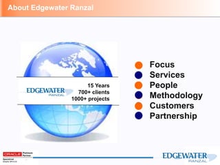 Focus
Services
People
Methodology
Customers
Partnership
About Edgewater Ranzal
15 Years
700+ clients
1000+ projects
 