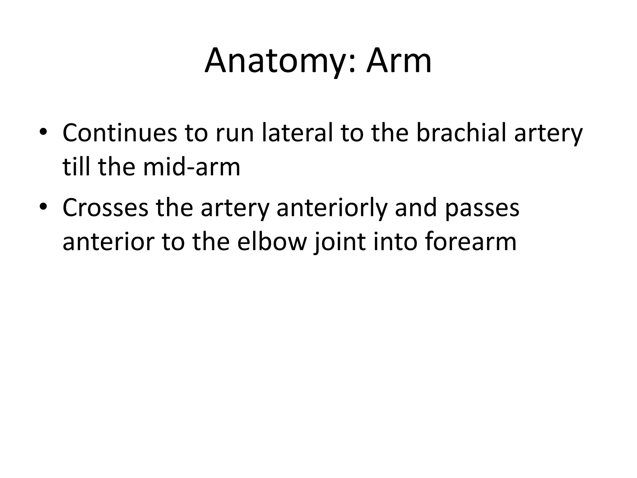 Anatomy: Arm
• Continues to run lateral to the brachial artery
till the mid-arm
• Crosses the artery anteriorly and passes
anterior to the elbow joint into forearm
 