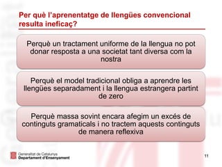Per què l’aprenentatge de llengües convencional
resulta ineficaç?
11
Perquè un tractament uniforme de la llengua no pot
donar resposta a una societat tant diversa com la
nostra
Perquè el model tradicional obliga a aprendre les
llengües separadament i la llengua estrangera partint
de zero
Perquè massa sovint encara afegim un excés de
continguts gramaticals i no tractem aquests continguts
de manera reflexiva
 